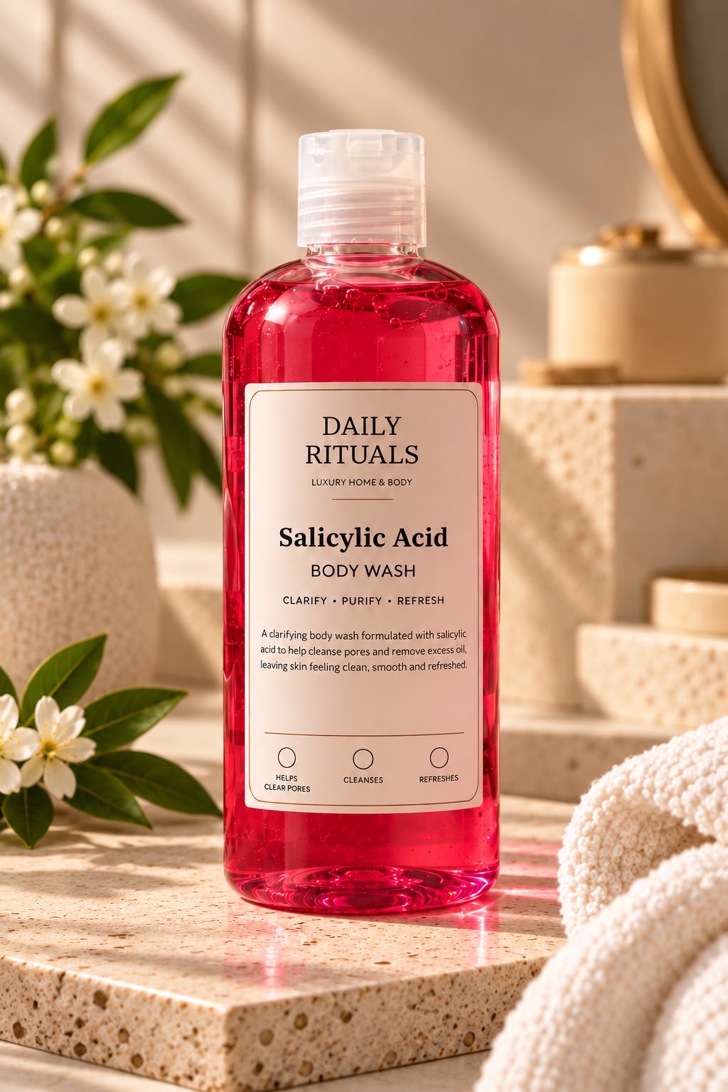 Salicylic Acid Body Wash in a pink bottle on a stone plinth