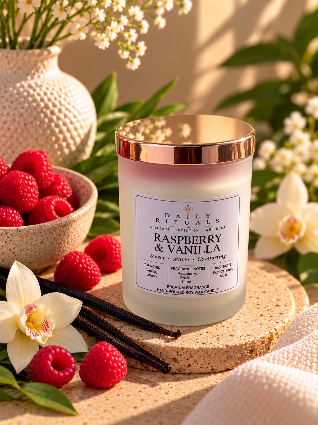 Raspberry & Vanilla candle with a rose-gold lid beside fresh raspberries and vanilla pods