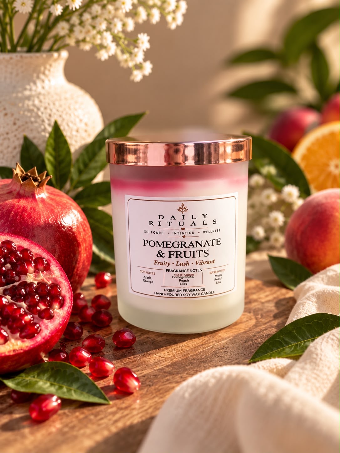 Pomegranate & Fruits candle beside an open pomegranate and peaches